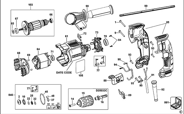DeWalt D25033 Type 15 Rotary Hammer Spare Parts D25033
