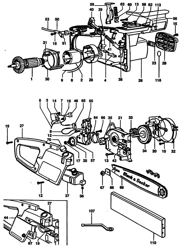 Black & Decker M6B Type 1 Chainsaw Spare Parts M6B