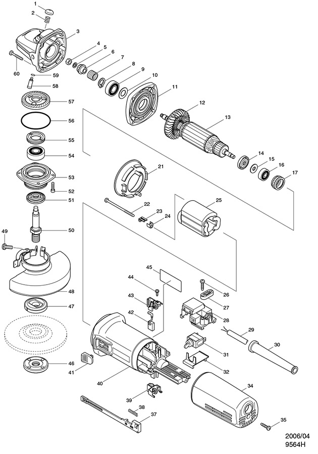 Makita 9564H 115mm High Power Angle Grinder Spare Parts 9564H