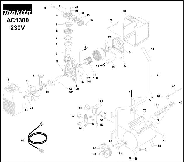 Makita AC1300 2.0hp 10 Bar 110v 240v Air Compressor Spare Parts AC1300