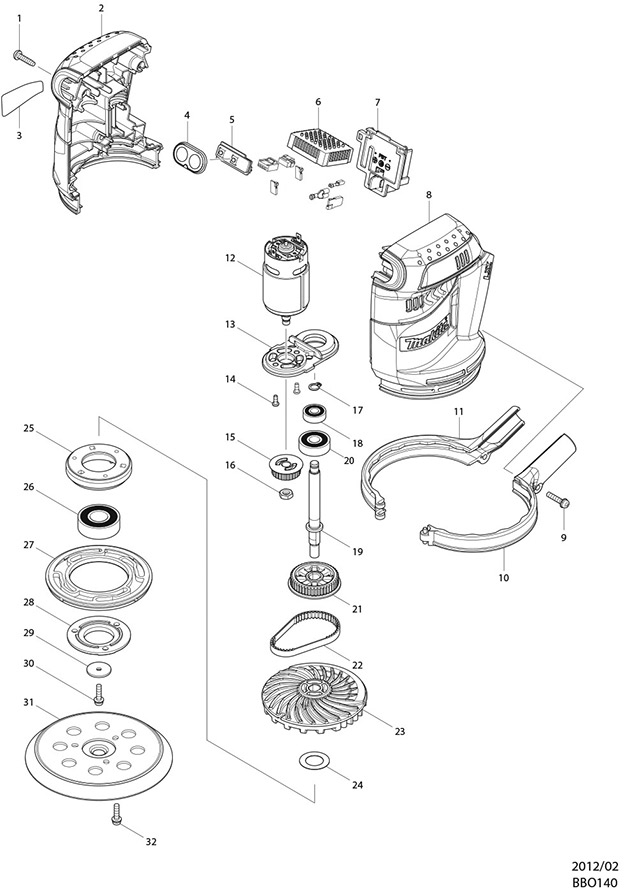 Makita BBO140 Cordless Random Orbit Sander Spare Parts BBO140