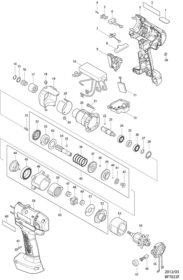 Makita BFT022F Cordless Screwdriver Spare Parts BFT022F