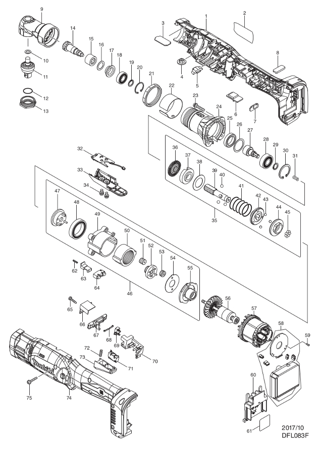 Makita DFL083F Small Cordless Angle Nut Runner Spare Parts DFL083F