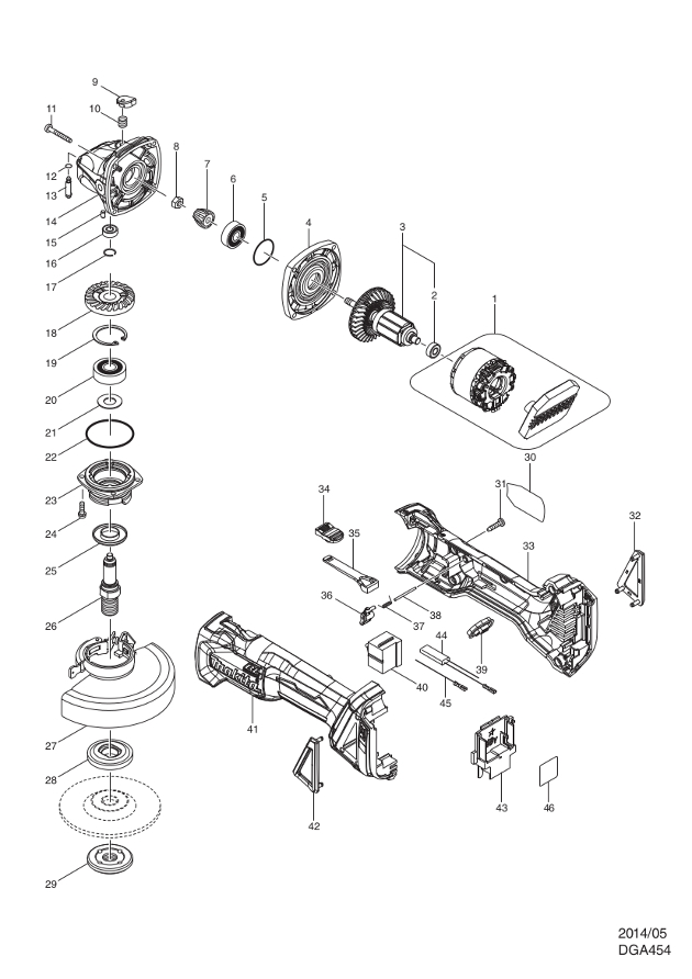 Makita DGA454 Cordless Angle Grinder Lxt 115mm 18v Spare Parts DGA454