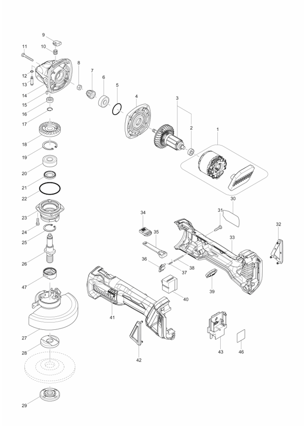 Makita DGA456Z Cordless Angle Grinder Spare Parts DGA456Z
