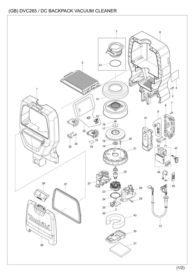 Makita DVC265ZXU Backpack Vacuum Cleaner Spare Parts DVC265ZXU