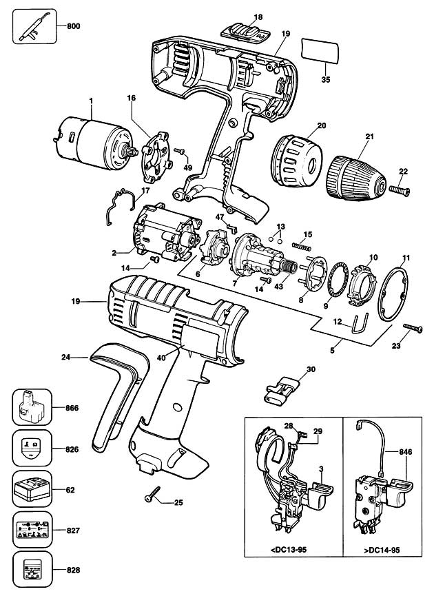 Black & Decker P1950K Type 1 Cordless Drill Spare Parts P1950K