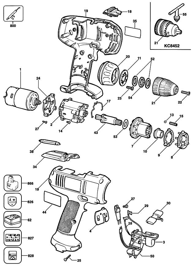 Black & Decker KC8452 Type 1 Cordless Drill Spare Parts KC8452