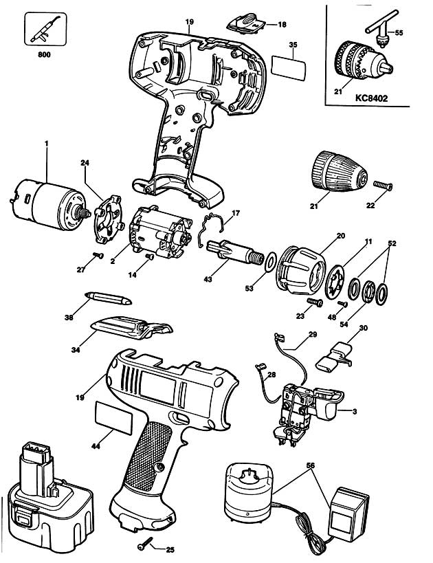 Black & Decker KC8402C Type 1 Cordless Drill Spare Parts KC8402C