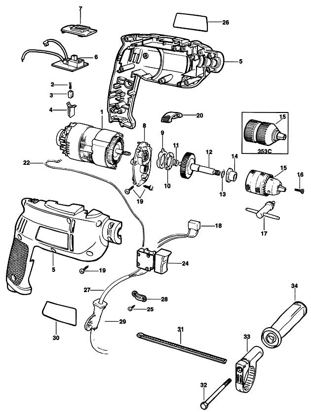 Black & Decker KD352 Type 1 Drill Spare Parts KD352