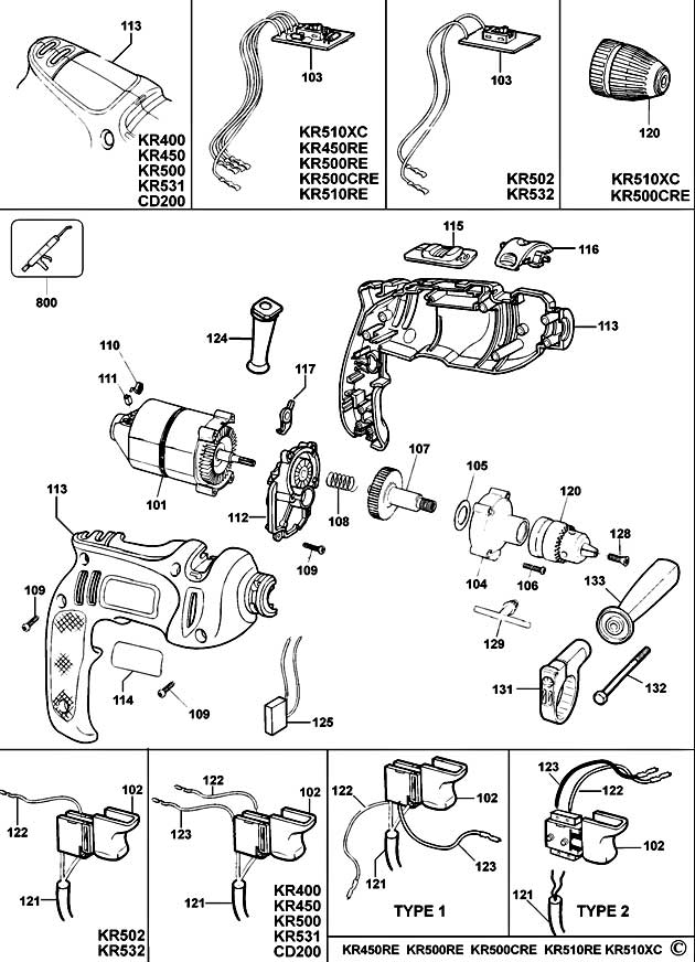 Black & Decker KR400 Type 1 Drill Spare Parts KR400