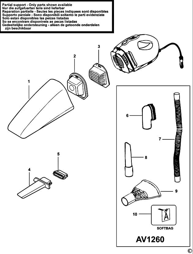 Black & Decker AV1260 Type 1 Car Vac Spare Parts AV1260