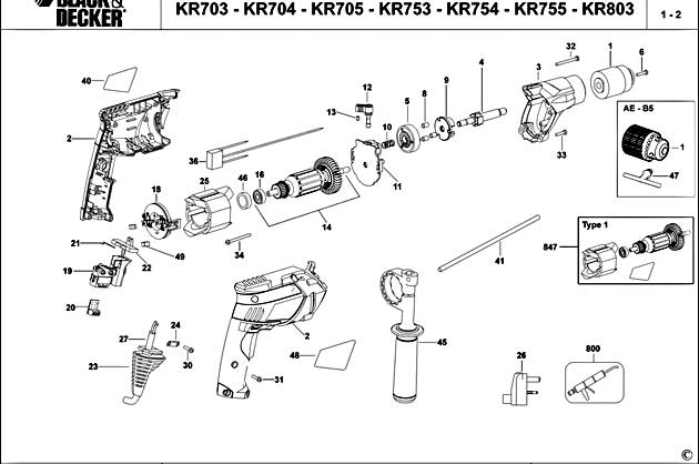 Black & Decker KR753 Type 1 Hammer Drill Spare Parts KR753