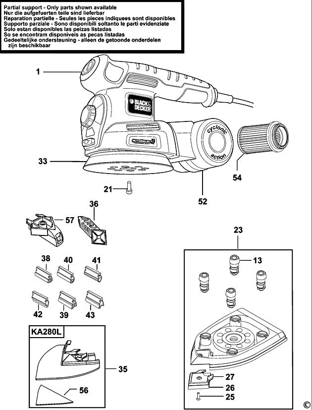 Black & Decker KA280 Type 1 Orbital Sander Spare Parts KA280