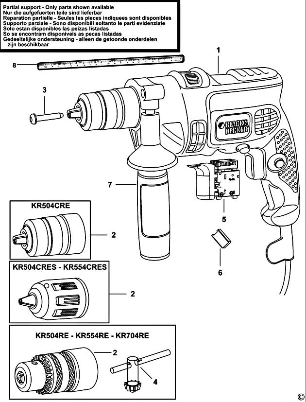 Black & Decker KR504CRES Type 1 Hammer Drill Spare Parts KR504CRES