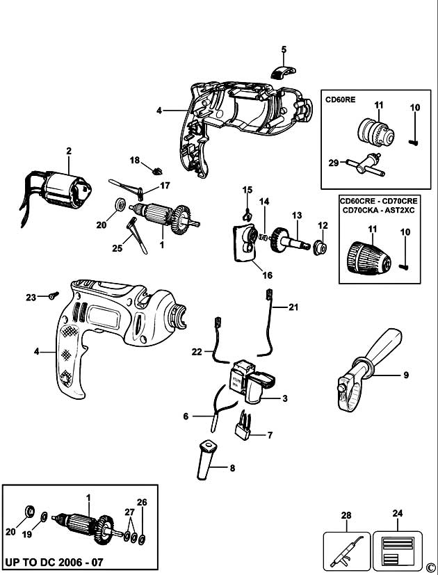 Black & Decker CD60CRE Type 1 Drill Spare Parts CD60CRE