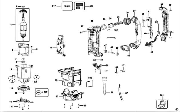 DeWalt D25761K Type 1 Rotary Hammer Spare Parts D25761K