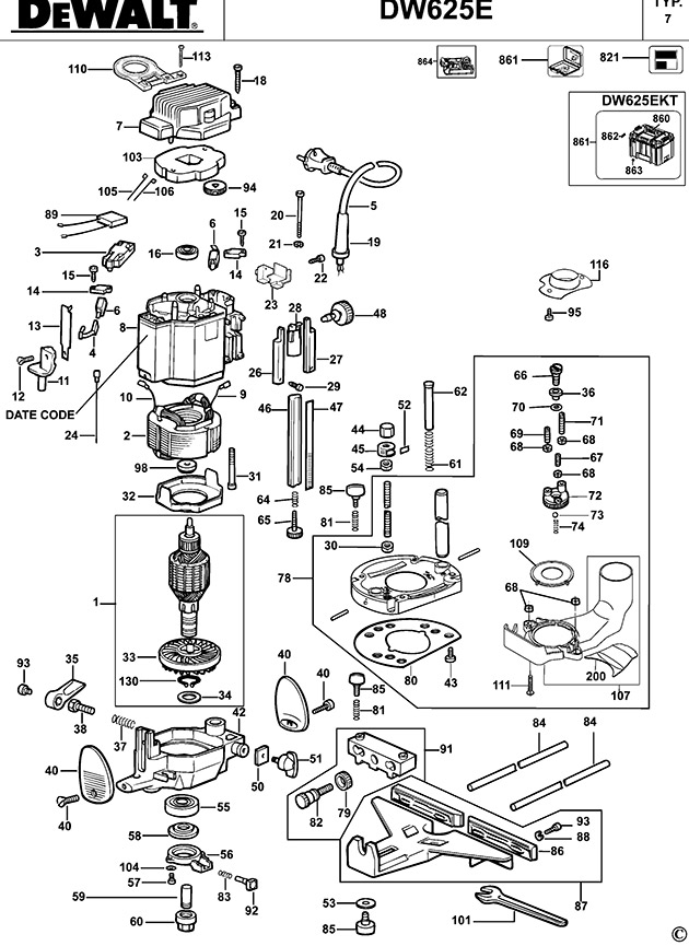 DeWalt DW625E Type 7 Router Spare Parts DW625E