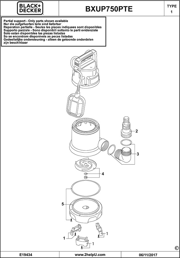 Black & Decker BXUP750PTE Type 1 Pump Spare Parts BXUP750PTE