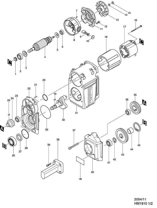 Makita HM1810 Electric Breaker With Avt Technology Spare Parts HM1810