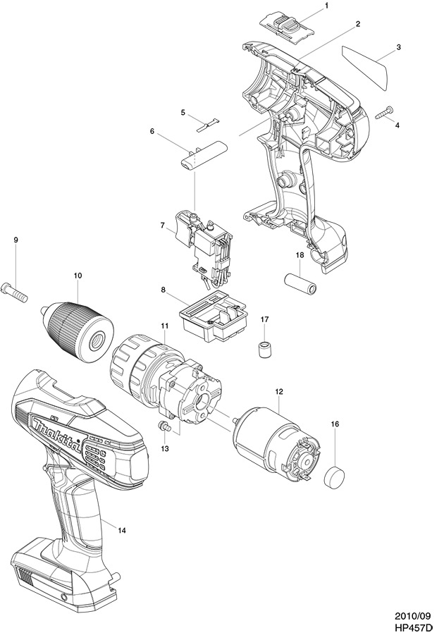 Makita HP457D 18 Volt G-series Cordless Hammer Combi Drill Spare Parts HP457D