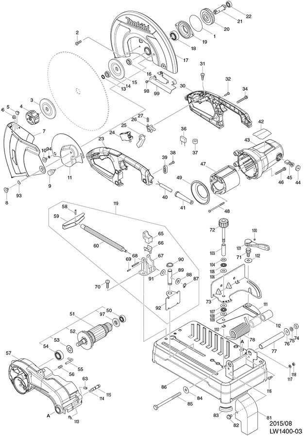 Makita LW1400 110 & 240 Volt 355mm Portable Metal Cutting Cut-off Chop Saw Spare Parts LW1400