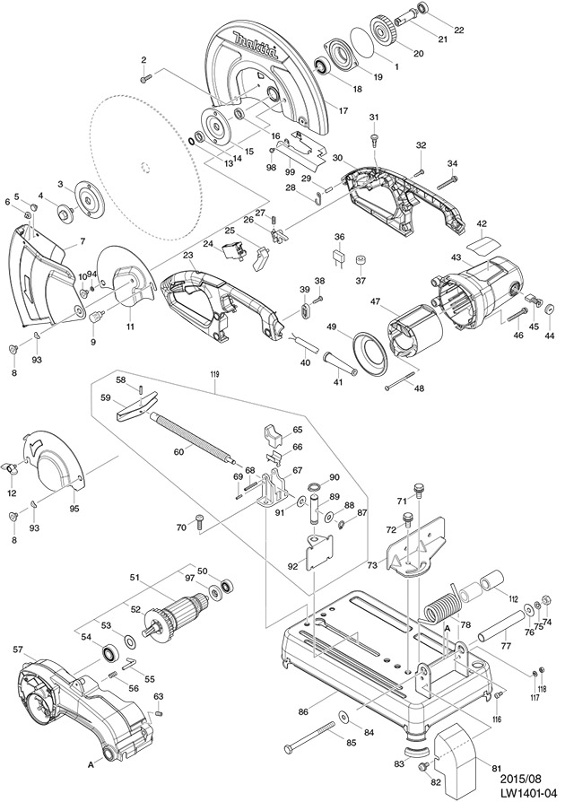 Makita LW1401 110 & 240 Volt 355mm Portable Metal Cutting Cut-off Chop Saw Spare Parts LW1401