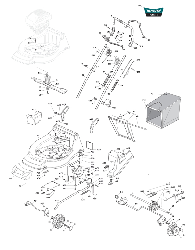 Makita PLM5115 Lawnmower Spare Parts PLM5115
