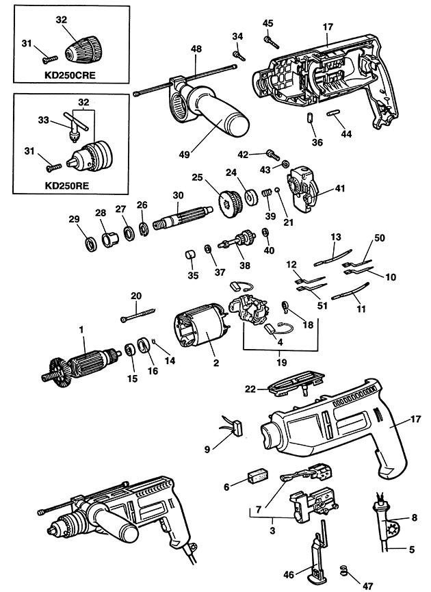 Black & Decker KD250CRE Type 1 Drill Spare Parts KD250CRE