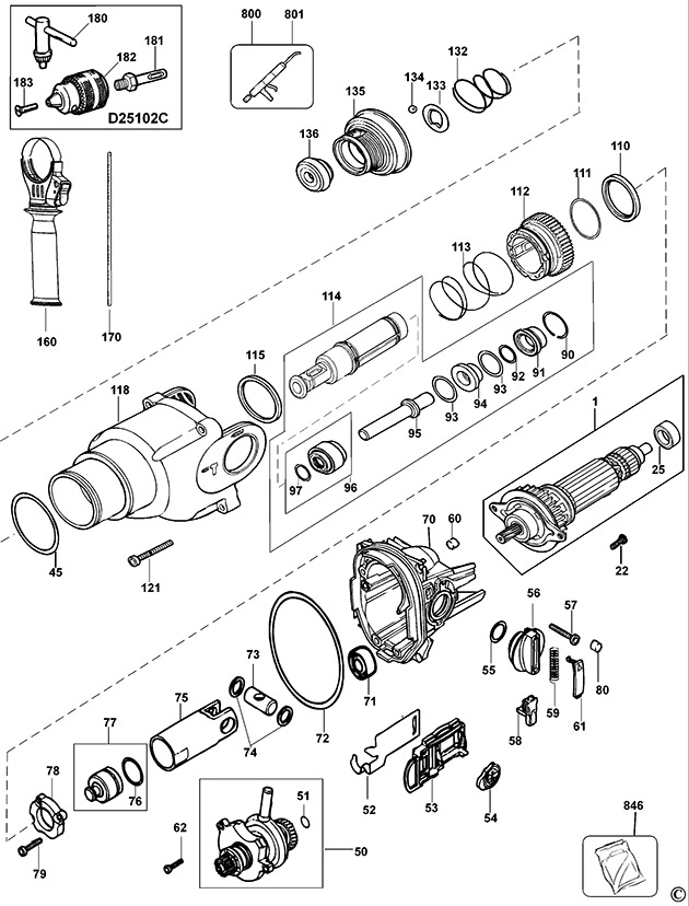 DeWalt D25102K Type 1 Rotary Hammer Spare Parts D25102K