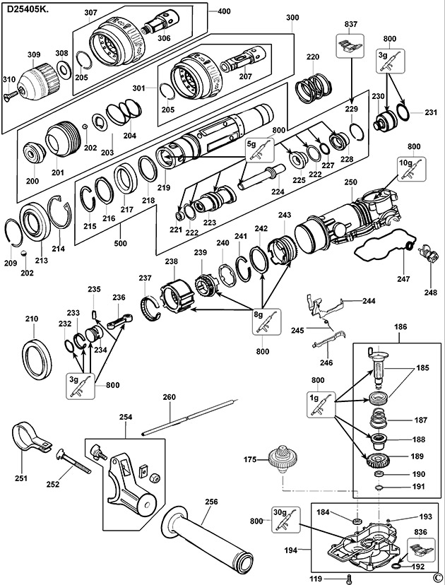 DeWalt D25405K Type 2 Rotary Hammer Spare Parts D25405K