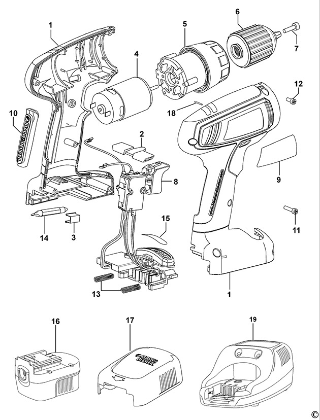 Black & Decker CP121K Type 1 Cordless Drill Spare Parts CP121K