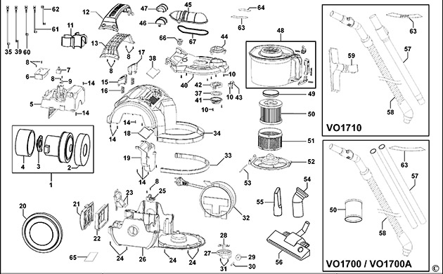 Black & Decker VO1700 Type 1 Vacuum Cleaner Spare Parts VO1700