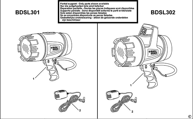 Black & Decker BDSL301 Type 1 Spotlight Spare Parts BDSL301