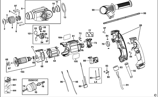DeWalt D25013K Type 1 Rotary Hammer Spare Parts D25013K