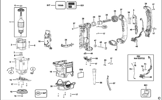 DeWalt D25712K Type 1 Rotary Hammer Spare Parts D25712K