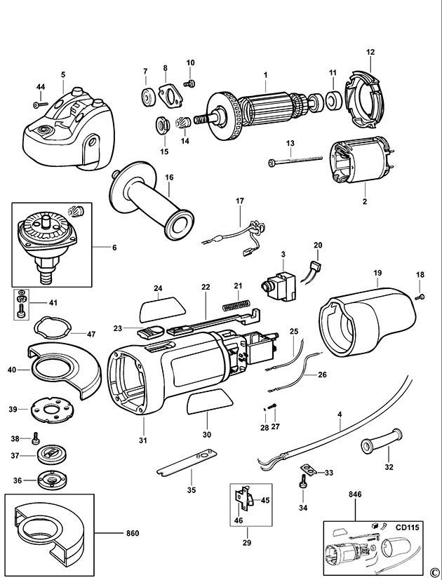 Black & Decker CD115 Type 3 Small Angle Grinder Spare Parts CD115